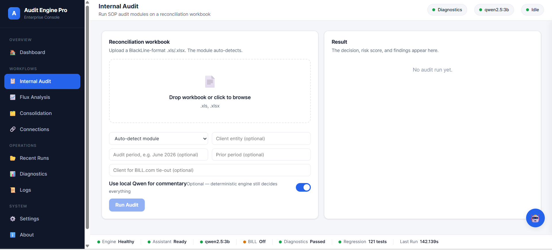 Internal Audit screen: a dropzone to upload a reconciliation workbook, module auto-detect, optional entity and period fields, and a toggle to use the local model for commentary.