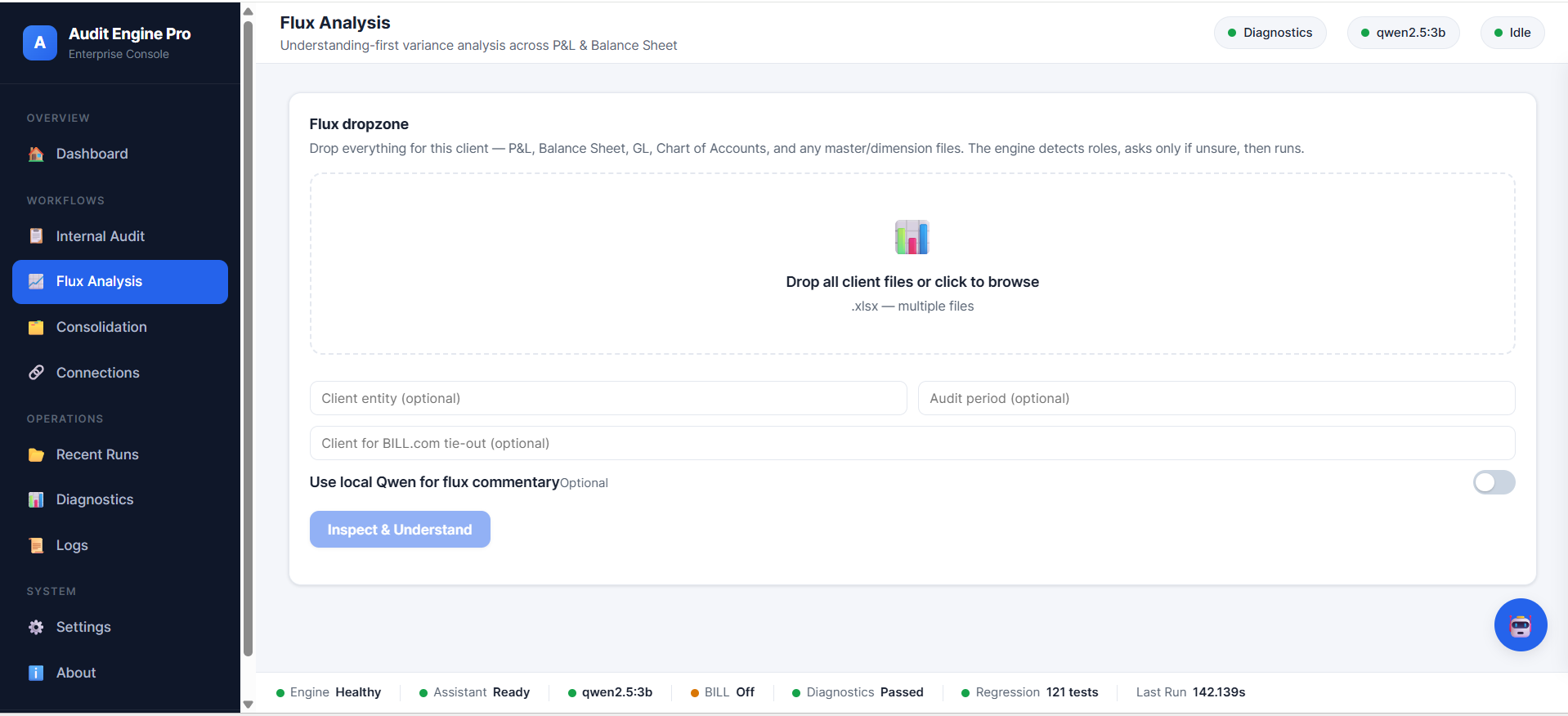 Flux Analysis screen: a dropzone for all client files with optional entity, period, and BILL.com tie-out fields, and an optional local-model toggle.