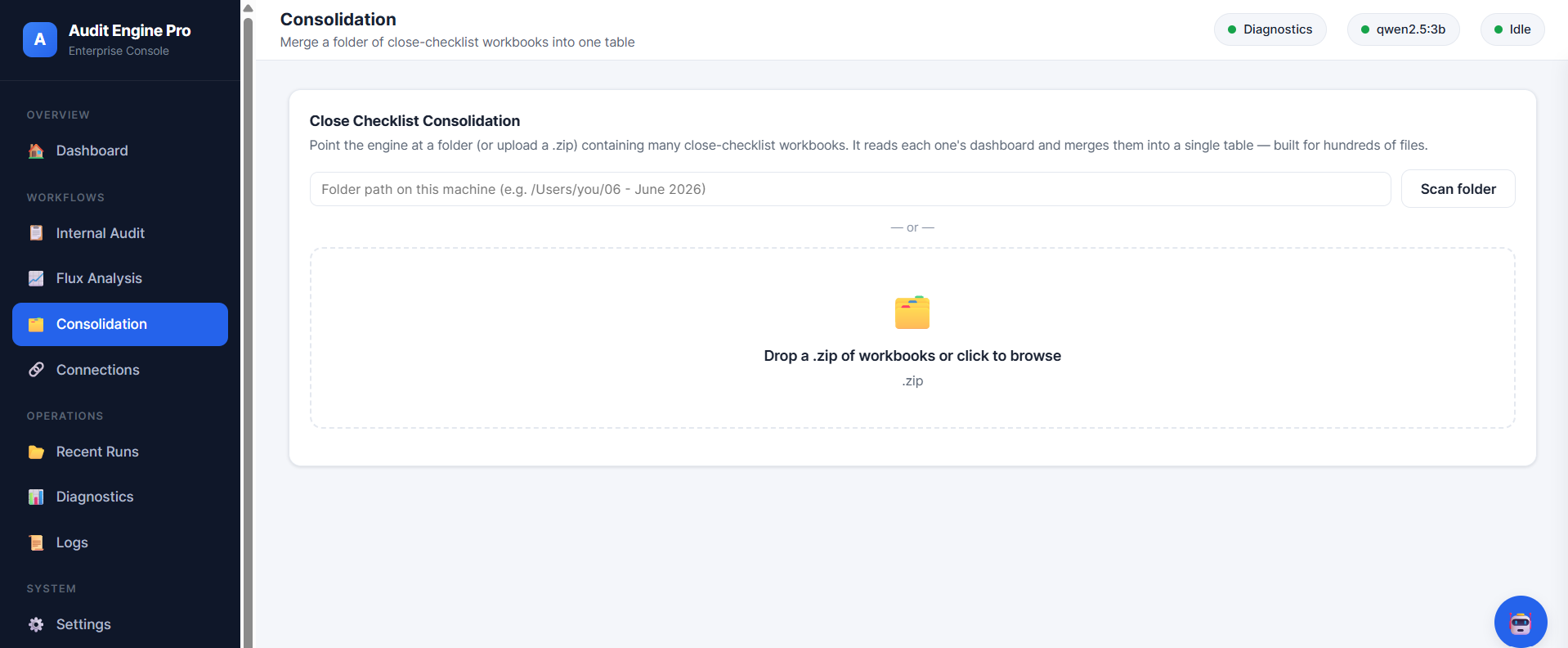 Consolidation screen: point the engine at a folder or upload a zip of close-checklist workbooks to merge them into one table.