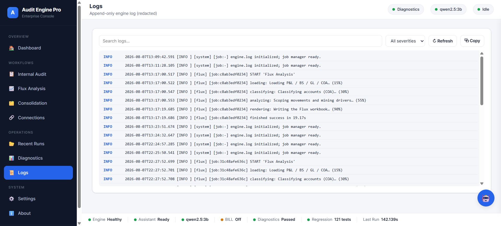 Logs screen: an append-only, redacted engine log with searchable, severity-filtered entries showing flux job stages and timings.