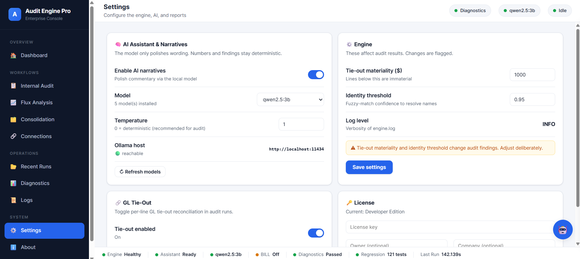 Settings screen: enable AI narratives toggle, local model selector showing installed models, temperature, a reachable local Ollama host, and engine settings for tie-out materiality and identity threshold.