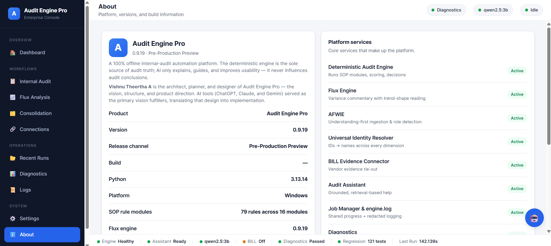 About screen listing platform, version and active services.
